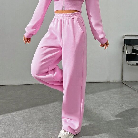Pink Casual Women's Spring Zip Front Hooded Sweatshirt And Pants Two Piece Set - Picture 7 of 7
